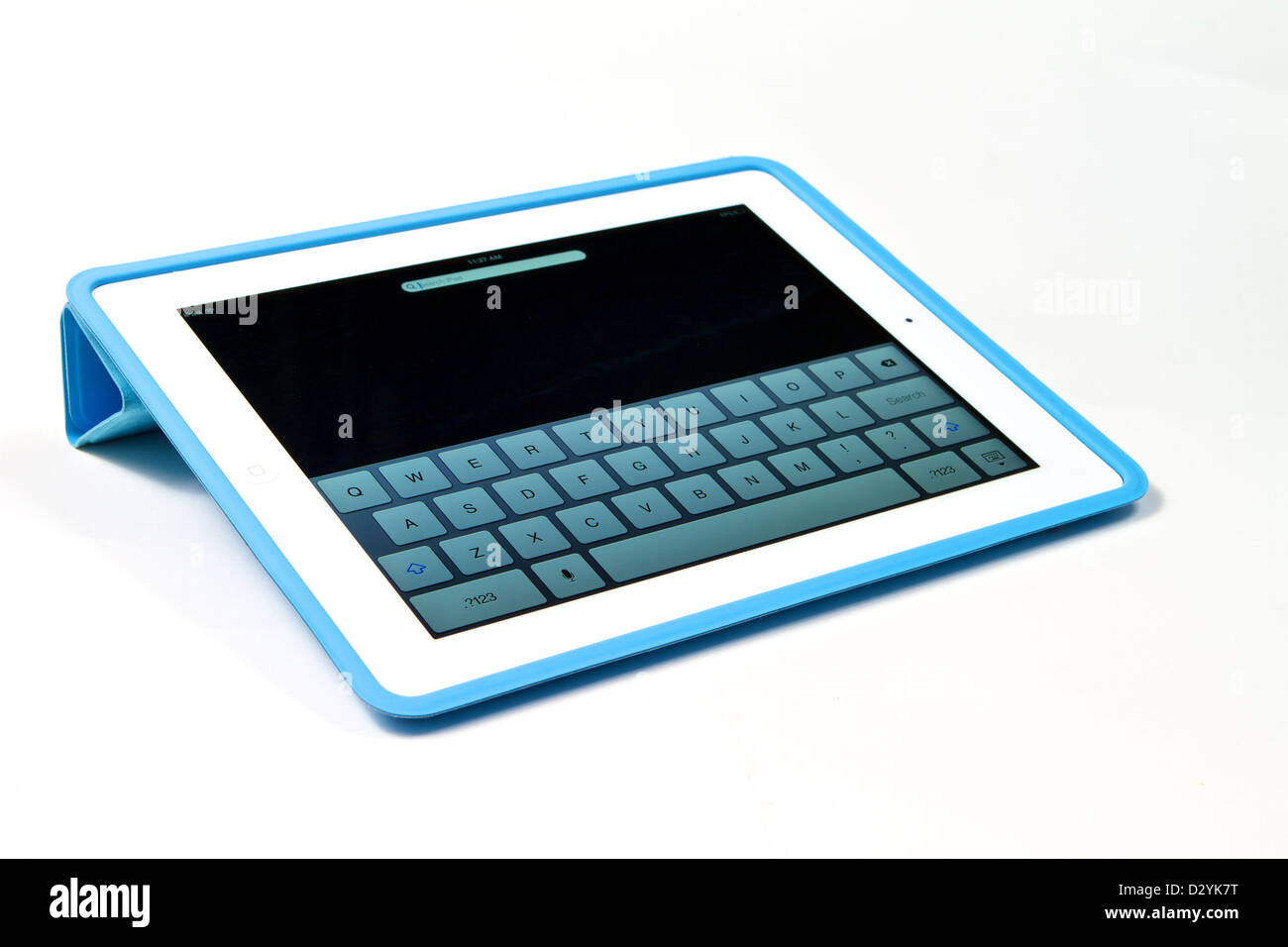 Ipad 3 with retina display in a blue case with a white background Stock Photo