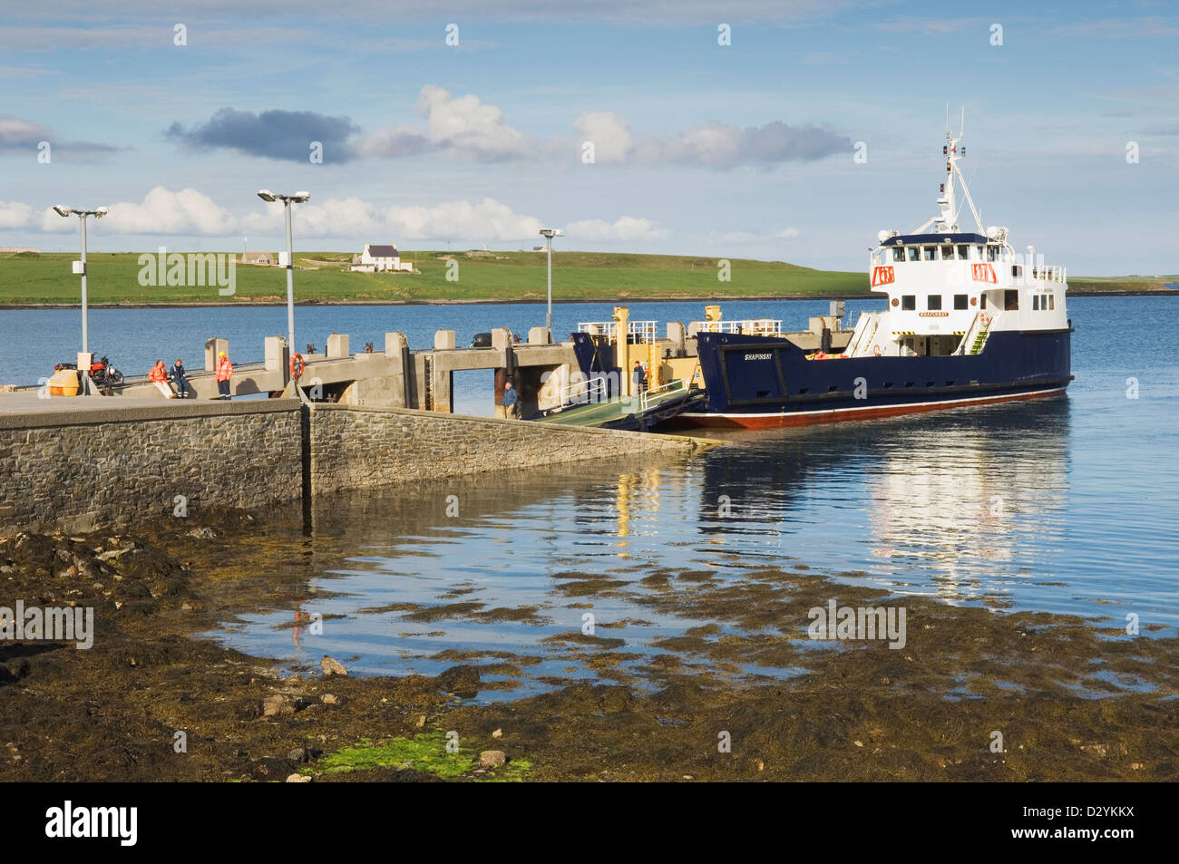 The ferry at the jetty on the island of Shapinsay, Orkney Islands, Scotland. Stock Photo