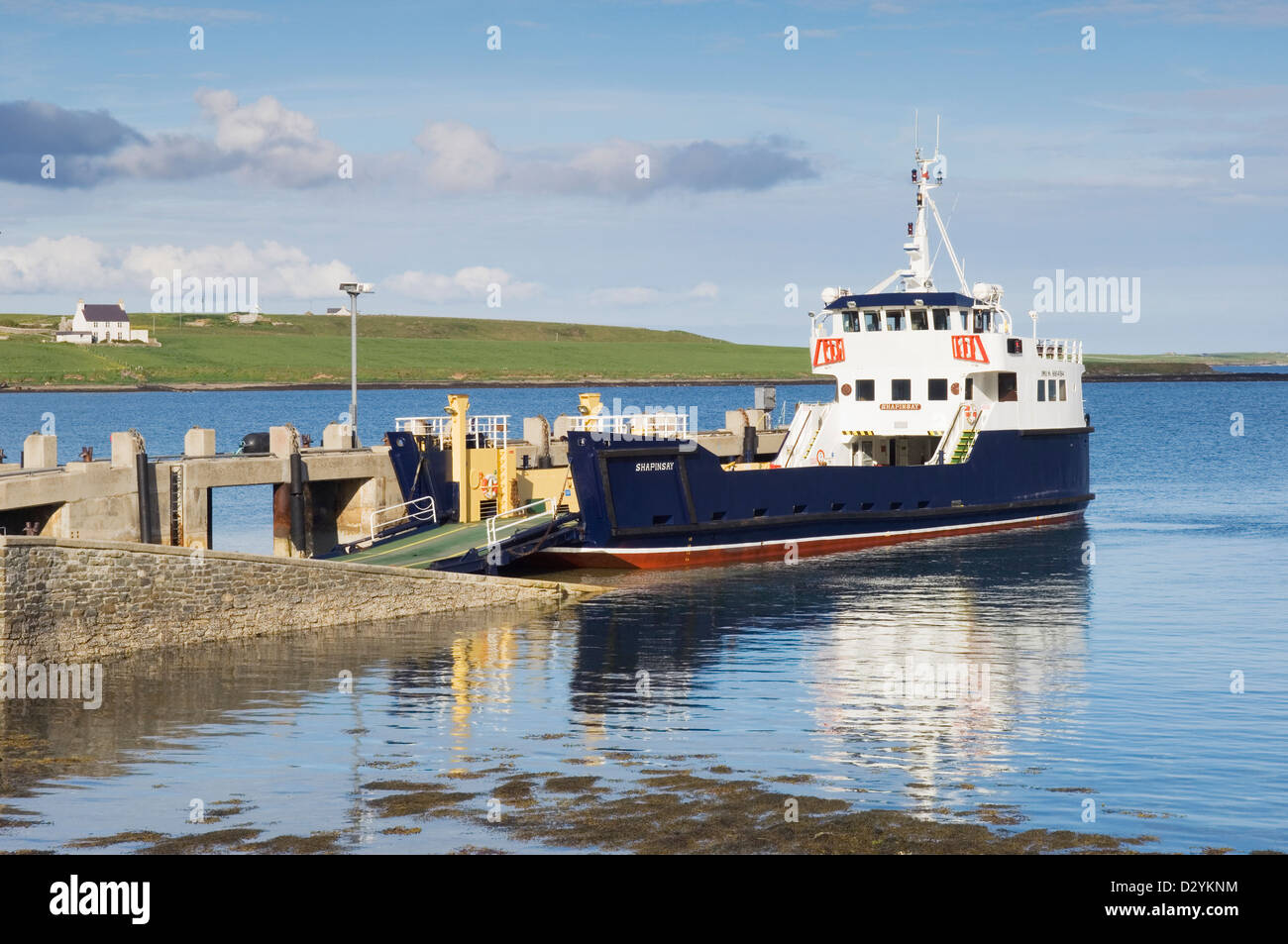 The ferry at the jetty on the island of Shapinsay, Orkney Islands, Scotland. Stock Photo