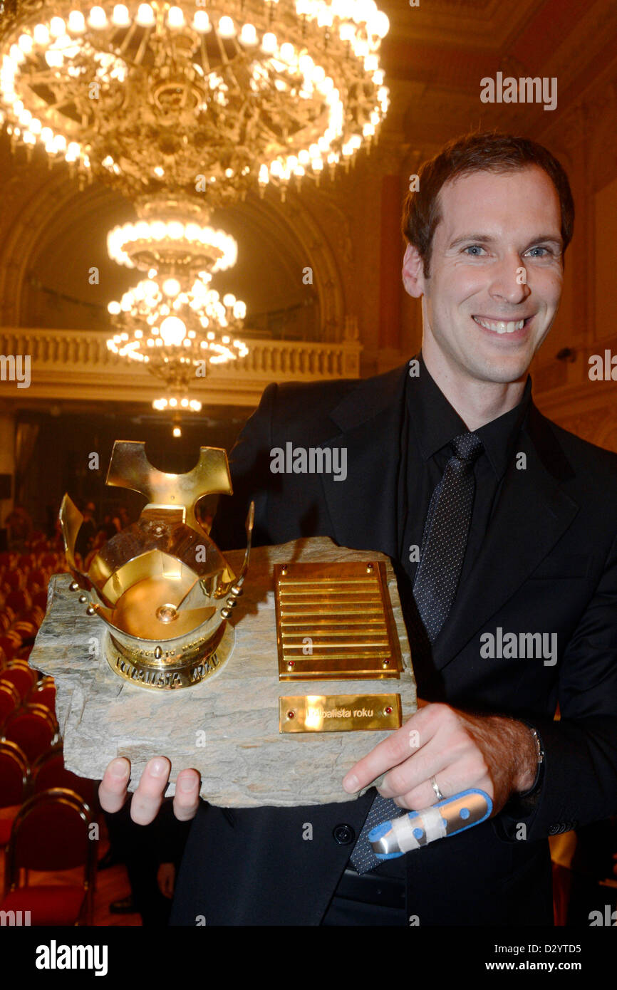 Chelsea goalkeeper Petr Cech displays the award of the Czech Soccer Player of the Year poll he received for the sixth time in Prague on Monday, Feb. 4, 2013. Cech broke his left little finger during Chelsea's 3-2 loss to Newcastle in the Premier League on Saturday and won't be available to play for the Czech Republic in a friendly against Turkey on Wednesday. (CTK Photo/Vit Simanek) Stock Photo