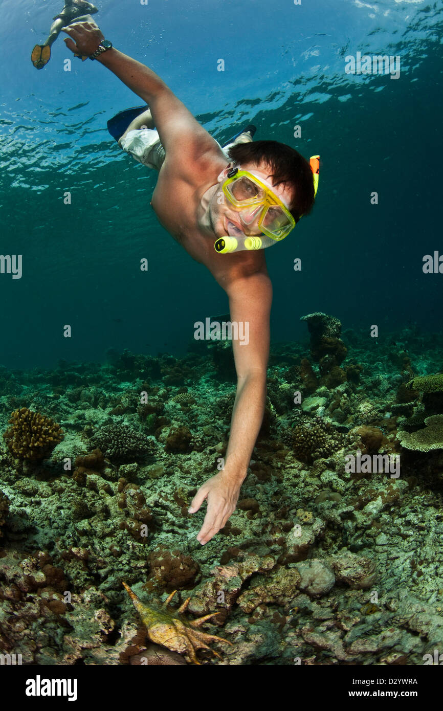 Man in snorkel mask underwater, reaching down Stock Photo