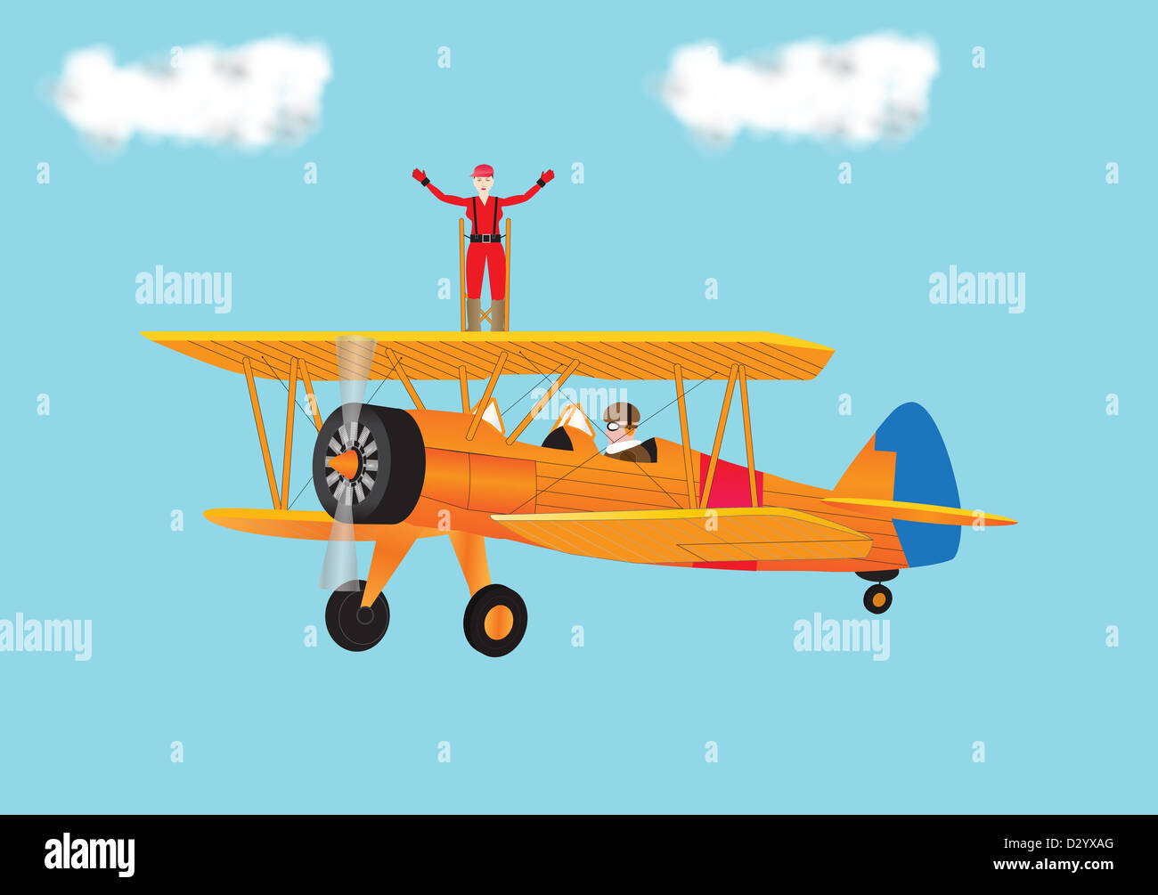 A vector illustration of a pretty Woman in a Red Jumpsuit bravely Wing Walking on an orange coloured vintage Biplane with a clear blue sky background Stock Photo