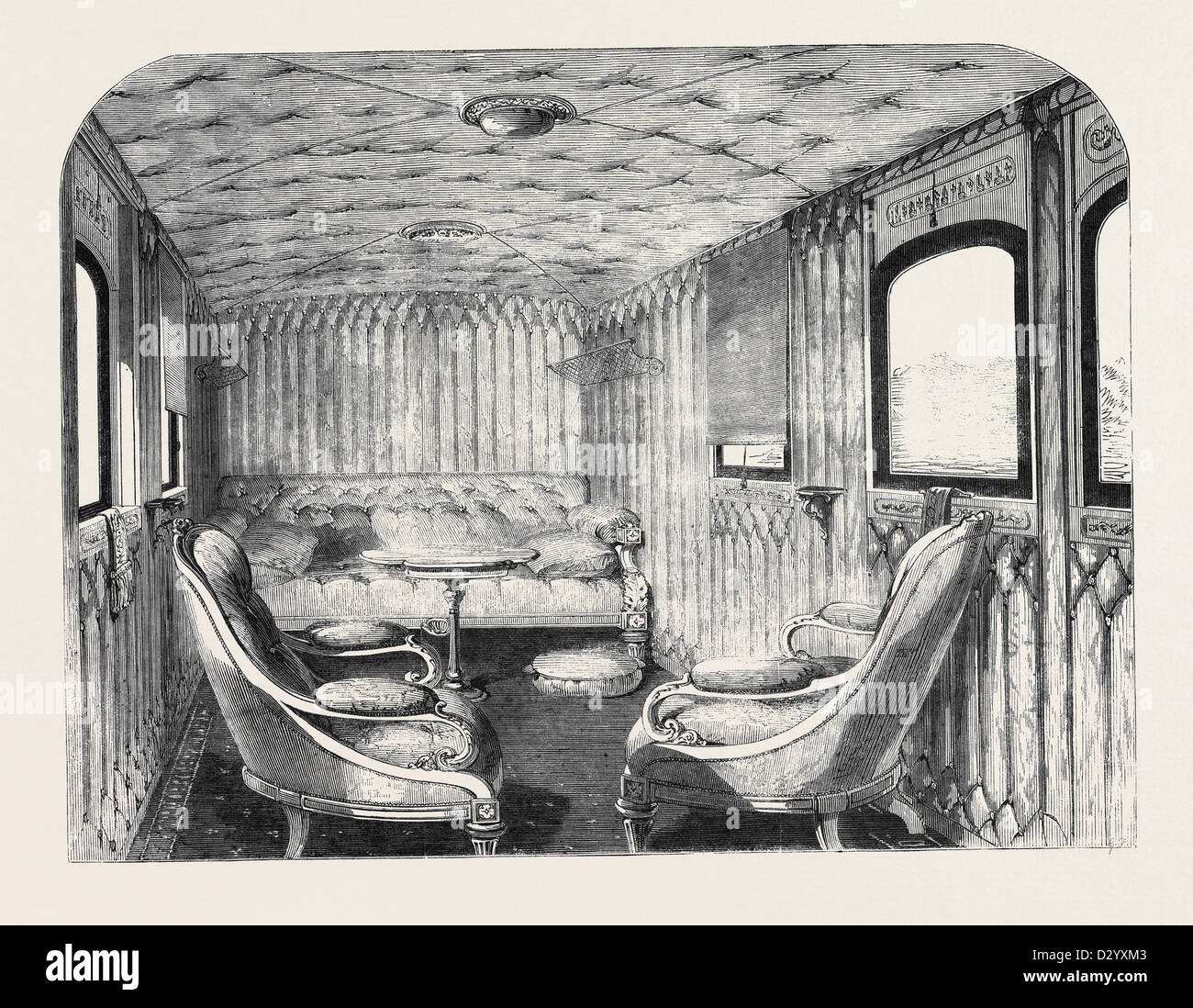SALOON OF HER MAJESTY'S CARRIAGE ON THE LONDON AND NORTH-WESTERN RAILWAY. Stock Photo