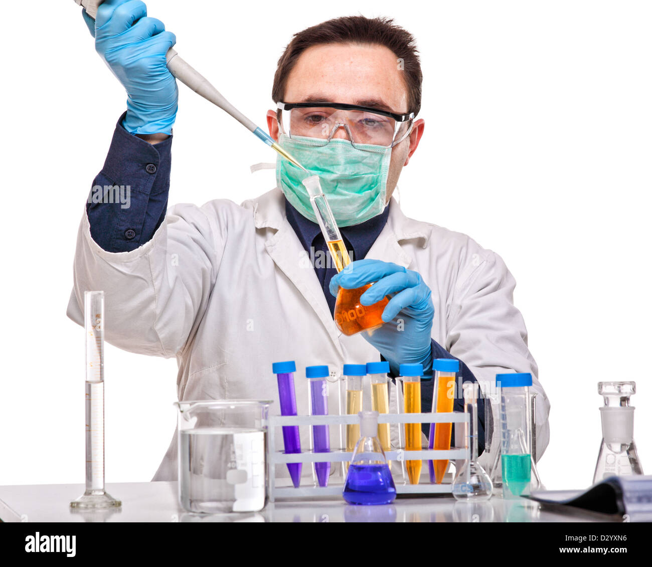 caucasian young scientist at work on white background Stock Photo