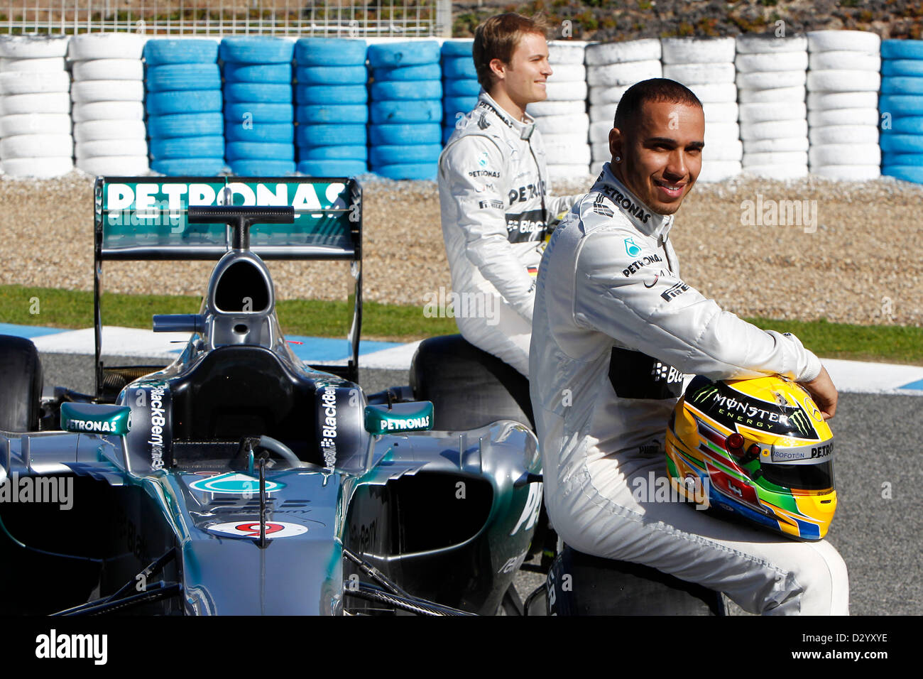 Motorsports: FIA Formula One World Championship 2013, F1 test Jerez, Mercedes GP Launch, Lewis Hamilton (GBR, Mercedes GP), Nico Rosberg (GER, Mercedes GP) Stock Photo