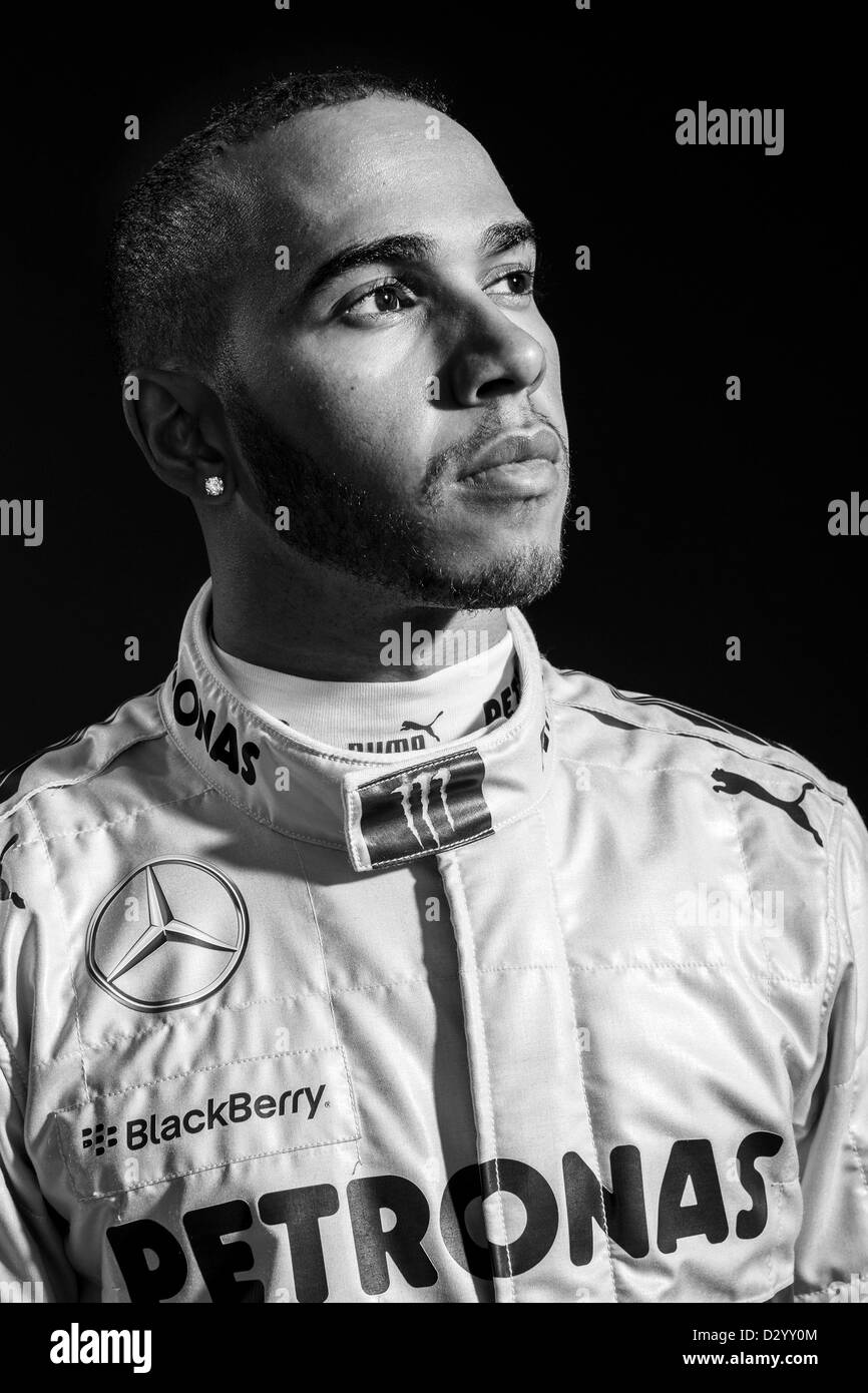Motorsports: FIA Formula One World Championship 2013, F1 test Jerez, Mercedes GP Launch, Lewis Hamilton (GBR, Mercedes GP) Portrait Shooting Stock Photo