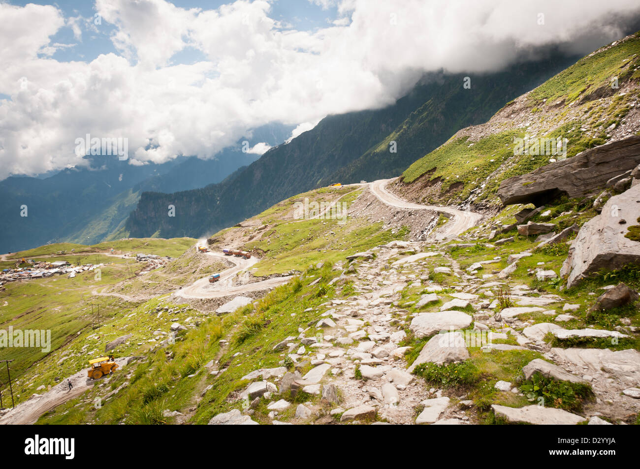 Zigzag road in mountains, Himalayas, Rohtang Pass, North India Stock Photo