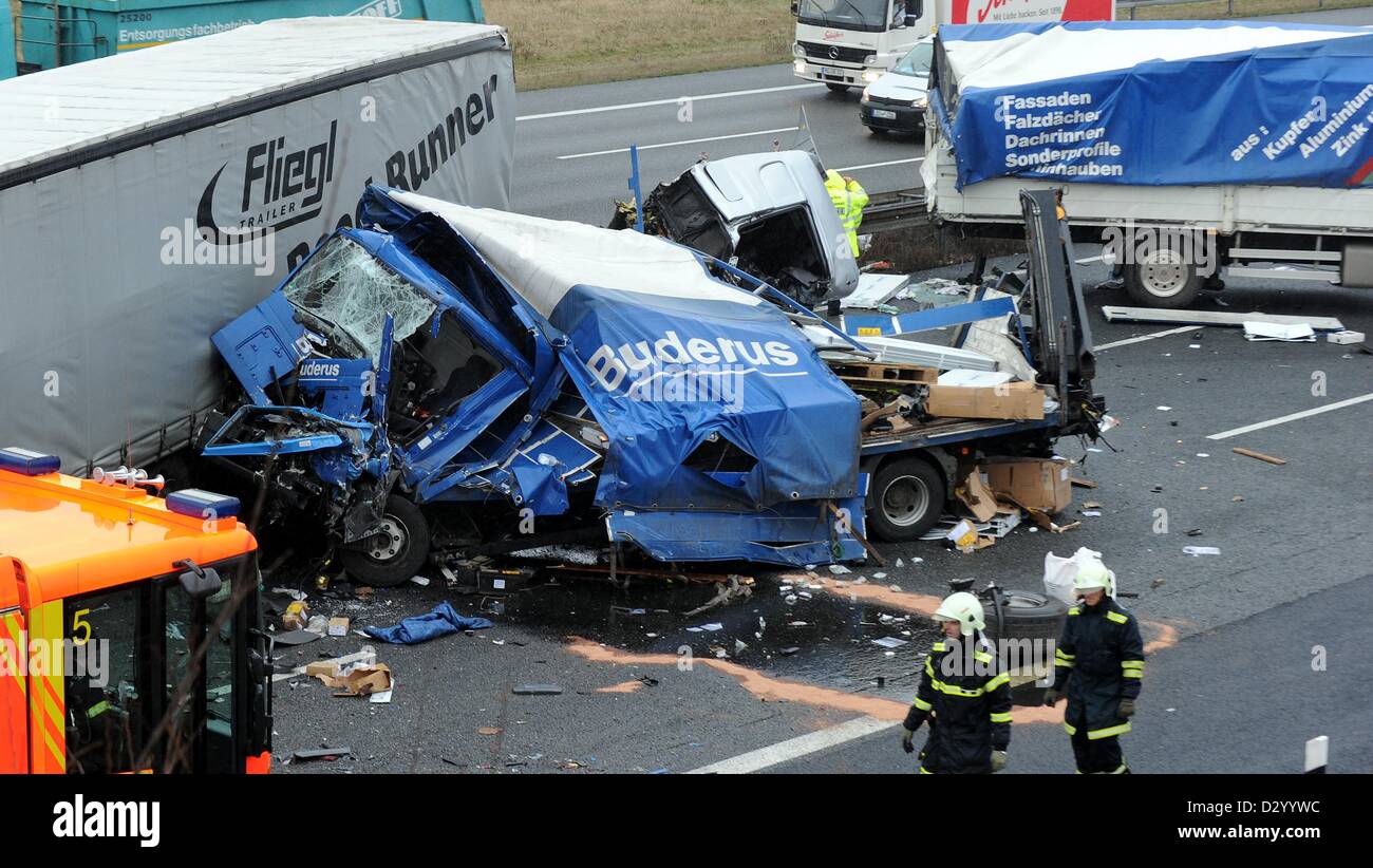 Truck wrecks lie on highway 2 after an accident near Hannover-Bothfeld ...