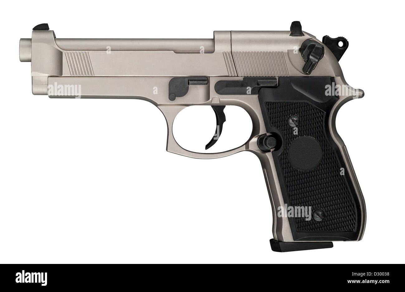 A metallic color handgun with the black handle Stock Photo