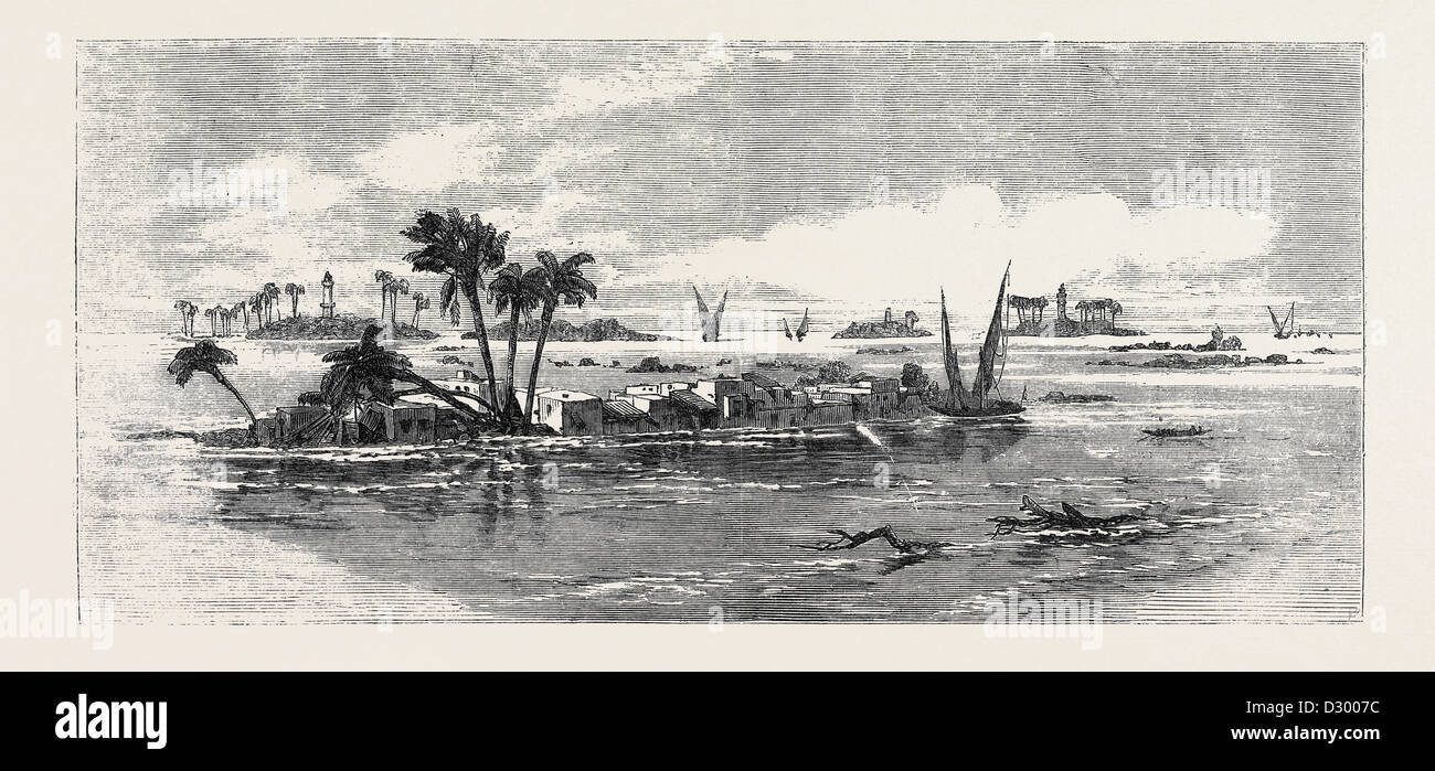 VIEW ON THE NILE: INUNDATION OF VILLAGES AND ENCAMPMENT ON THE BANK OF THE NILE INUNDATION OF THE NILE Stock Photo