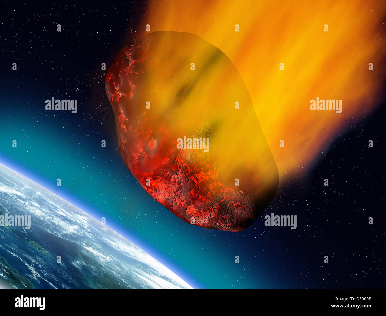 Illustration of a huge asteroid plummeting towards the earth Stock Photo