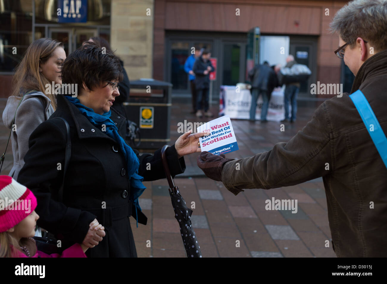 The 'Better Together' multi-party/ anti-independence/ pro-Union, leafleting team campaign in Glasgow, Scotland. Stock Photo