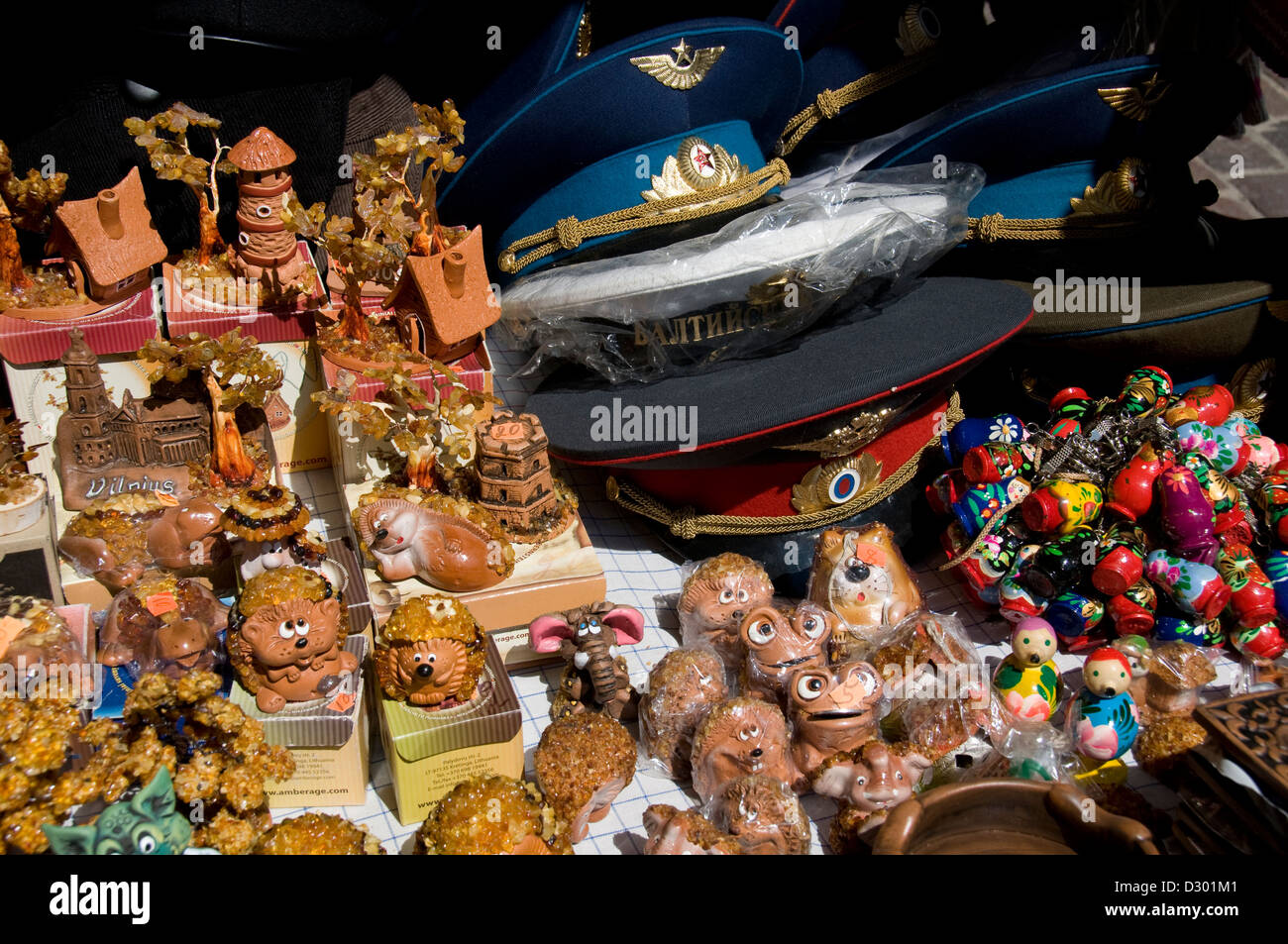 A Lithuanian market souvenir stall in Pilies Gatve, one of the main shopping streets in Vilnius Old Town, Vilnius, Lithuania Stock Photo