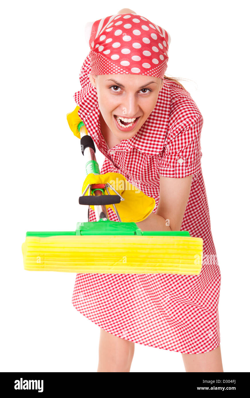 Funny charwoman with mop Isolated on white background Stock Photo