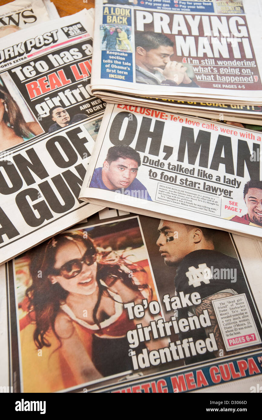 Front pages on several days worth of newspapers report on the controversy involving Manti Te'o and his alleged girlfriend Stock Photo