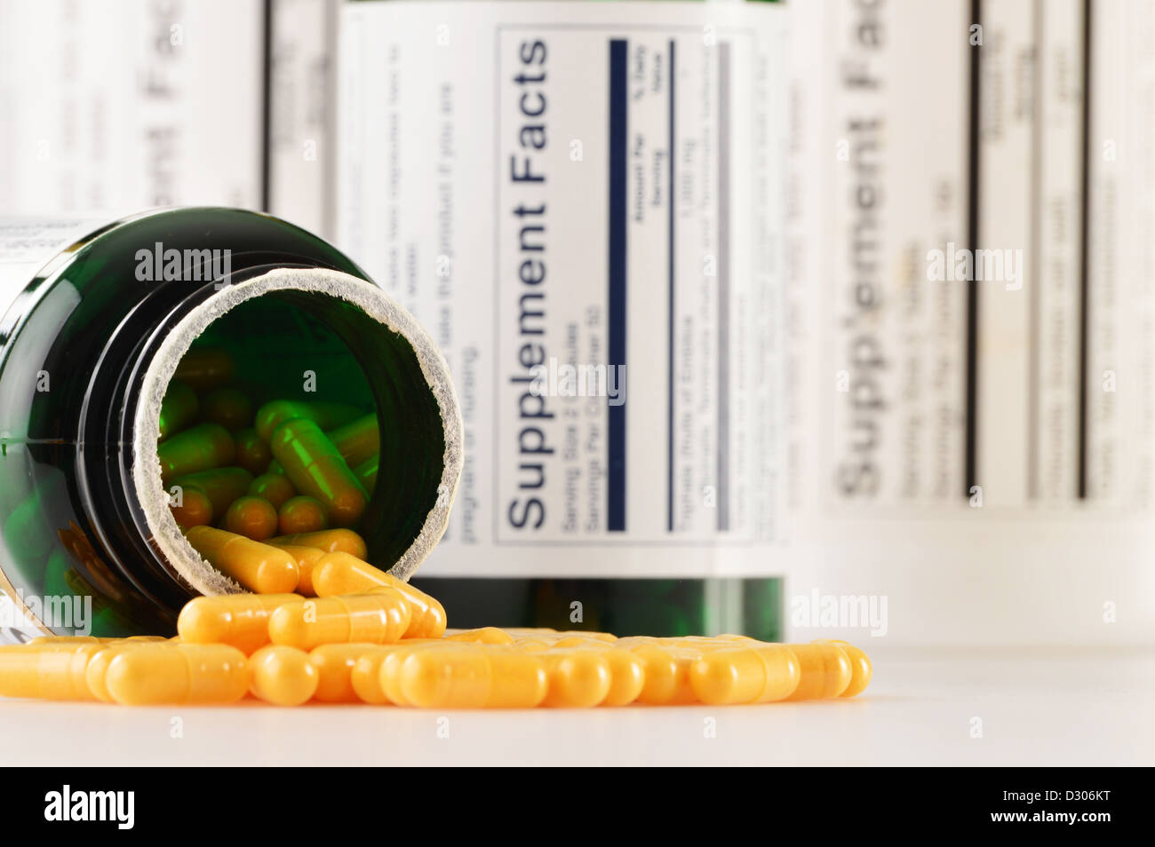 Composition with dietary supplement capsules. Drug pills Stock Photo