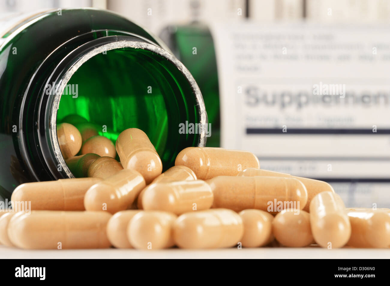 Composition with dietary supplement capsules. Drug pills Stock Photo