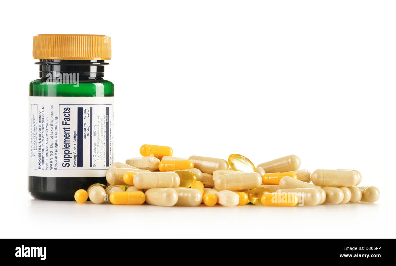 Composition with dietary supplement capsules. Drug pills Stock Photo