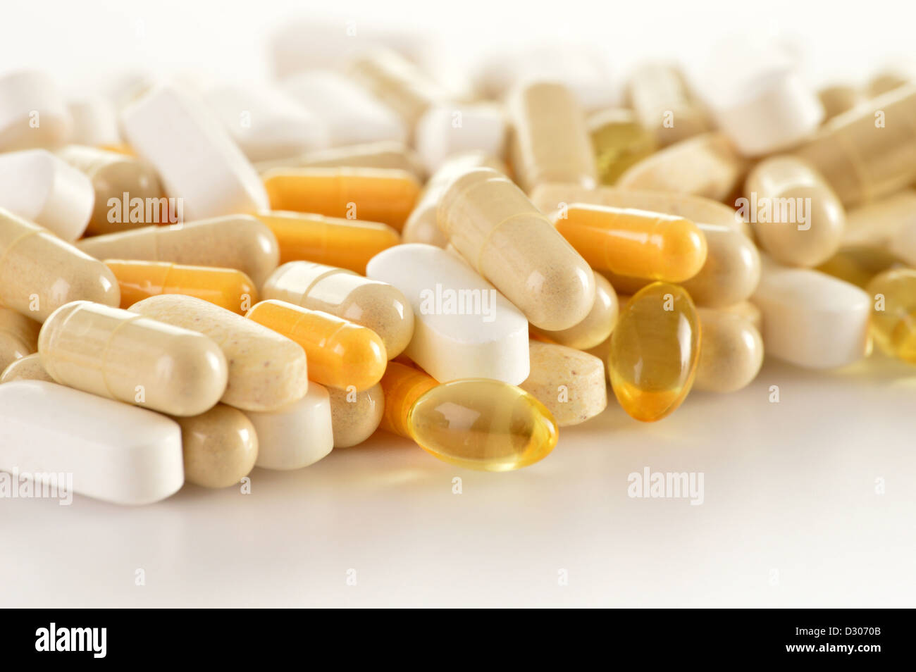 Composition with dietary supplement capsules. Drug pills Stock Photo
