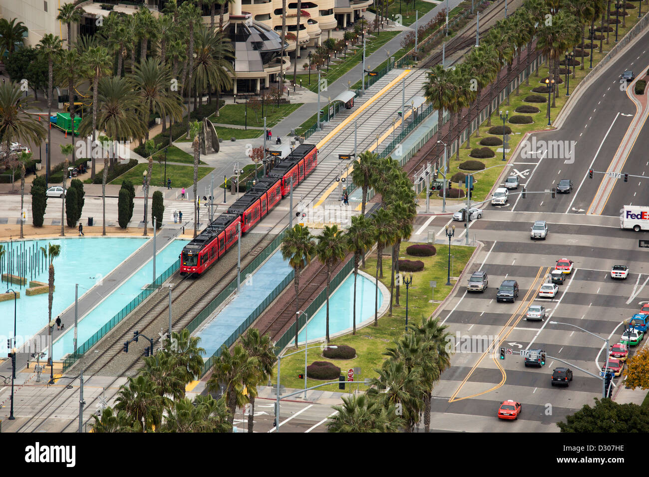 San Diego, California - The San Diego Trolley runs through the city's downtown, next to Harbor Drive. Stock Photo