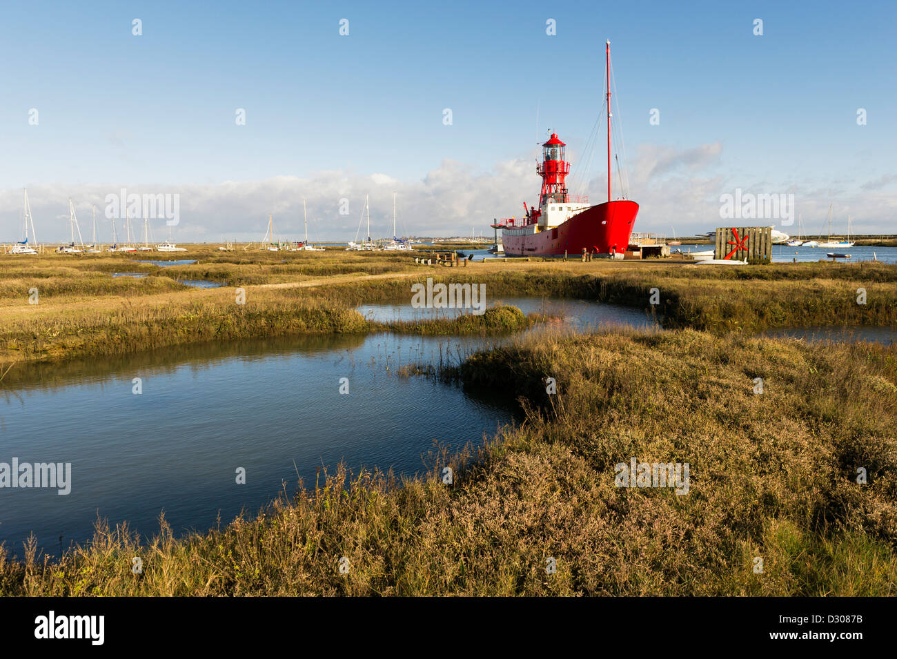 A retired Lightship moored on the saltmarshes at Tollesbury Saltings, Essex, UK Stock Photo