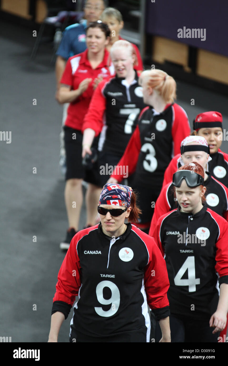 Nancy Morin of Canada leads out the team v Finland in the womens goal ball at the Copperbox in the Olympic park Stock Photo