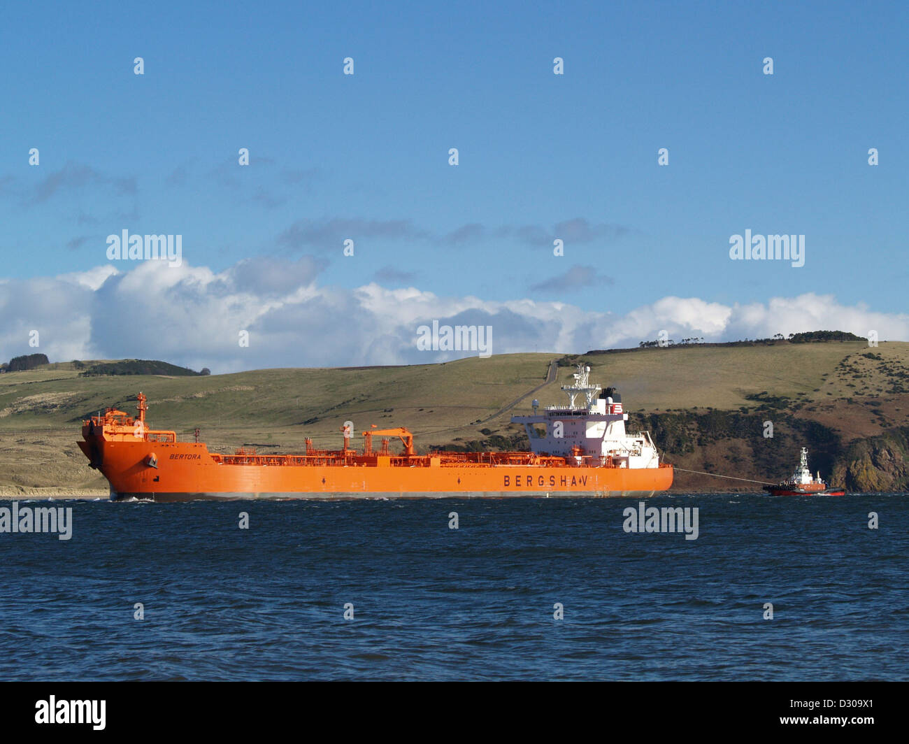 Tanker mooring operations at the Nigg Oil Terminal in the Cromarty Firth in the North of Scotland. Stock Photo