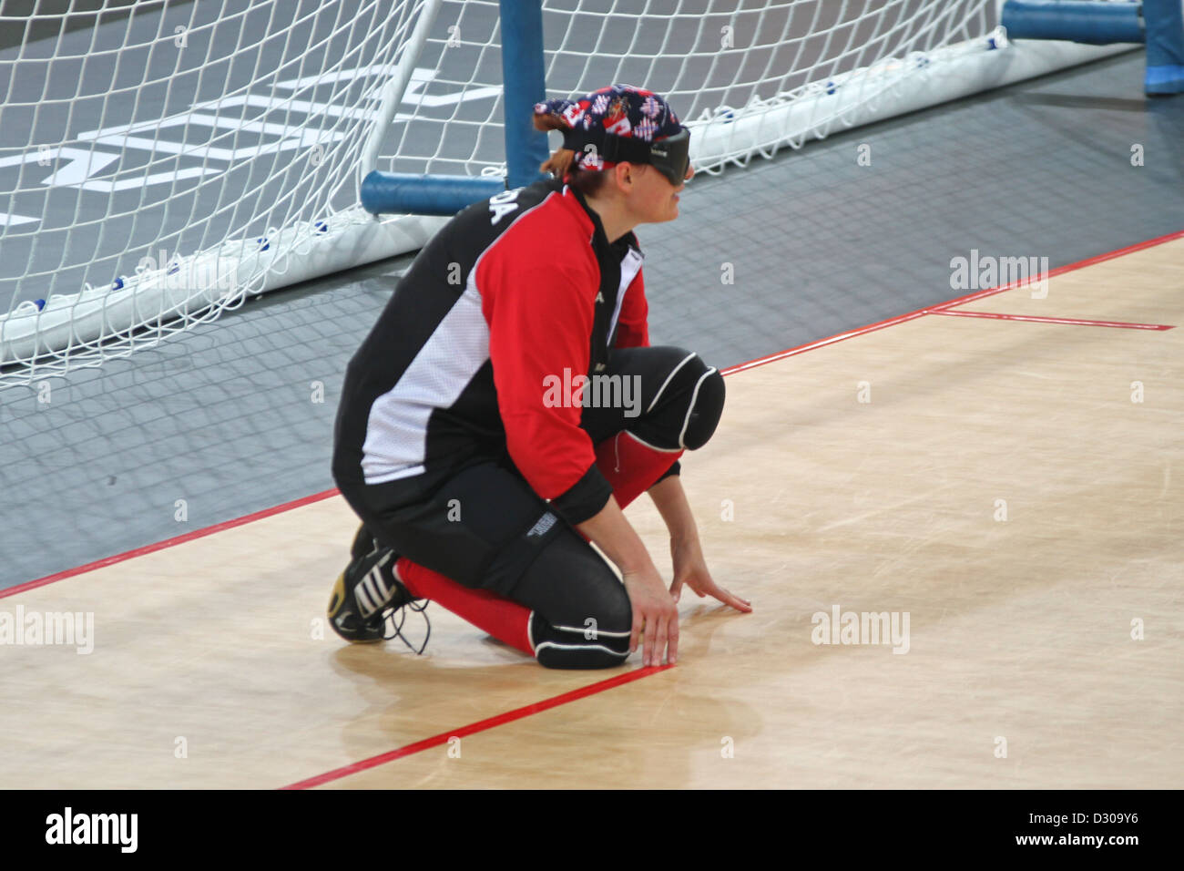 Nancy Morin of Canada v Finland in the womens goal ball at the Copperbox in the Olympic park at the 2012 Paralympic games in Lon Stock Photo