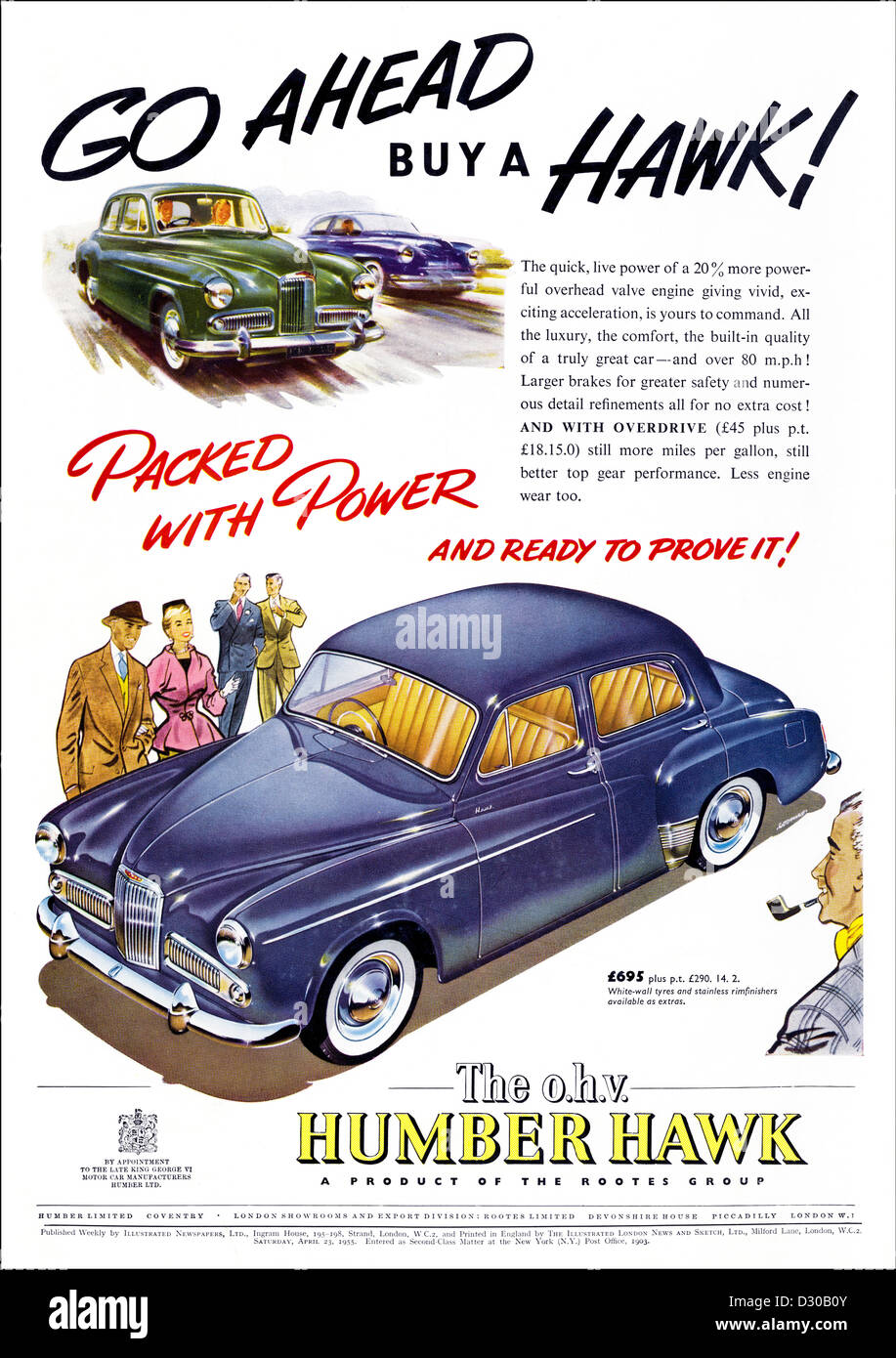 Original 1950s vintage print advertisement from English magazine advertising the HUMBER HAWK car a product of the ROOTES GROUP Stock Photo