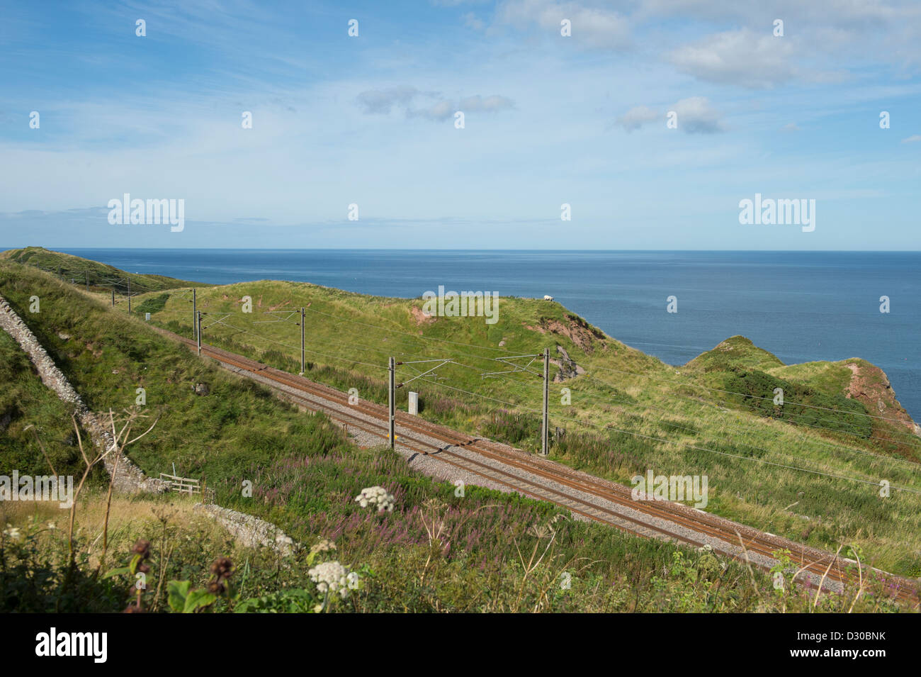 Empty railway track on the East Coast Main Line running alongside the coast in the North of England. Stock Photo