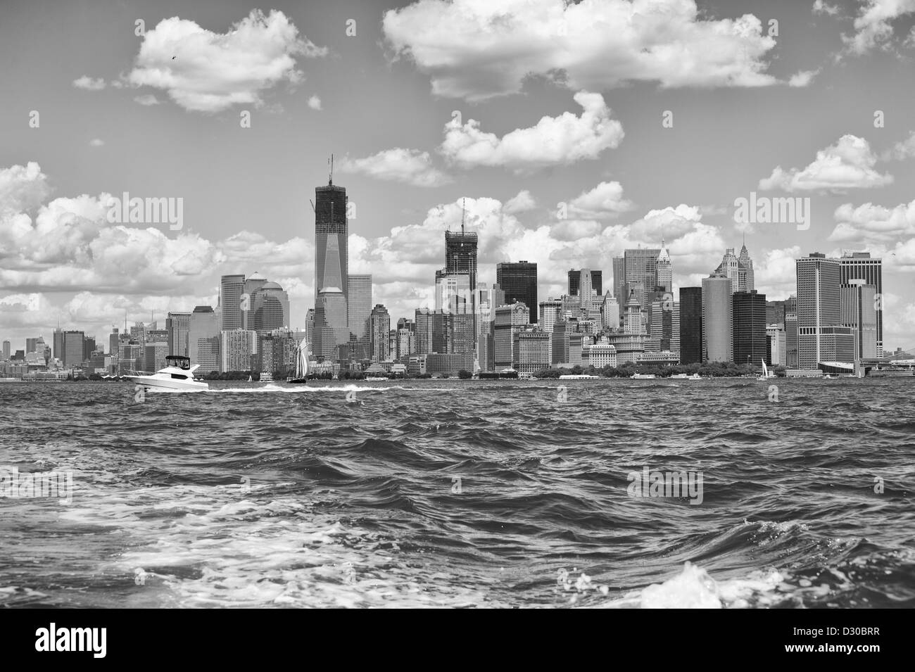 New York City skyline and river in Black and White Stock Photo