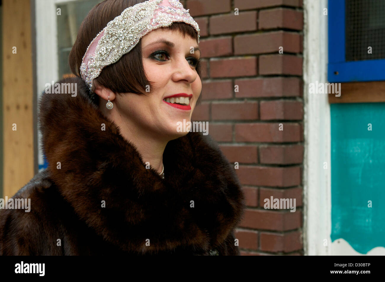 Retro chic woman on city street in fur coat Stock Photo - Alamy