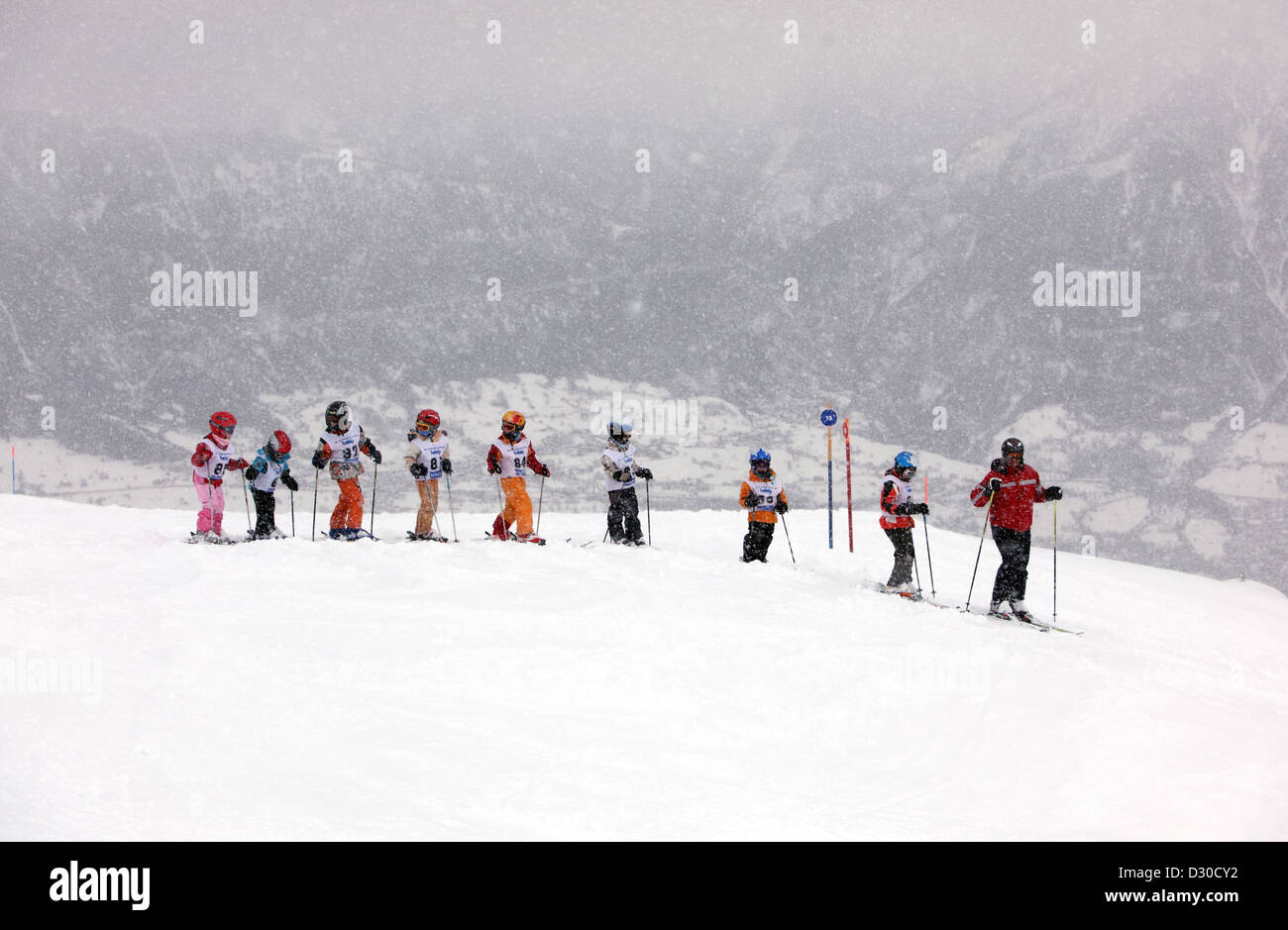 Belalp, Switzerland, children learn to ski Stock Photo