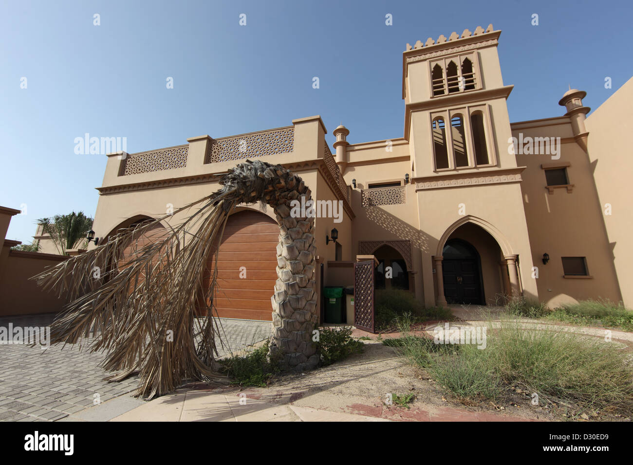 Dubai, United Arab Emirates, dried palm tree in front of a deserted house Stock Photo