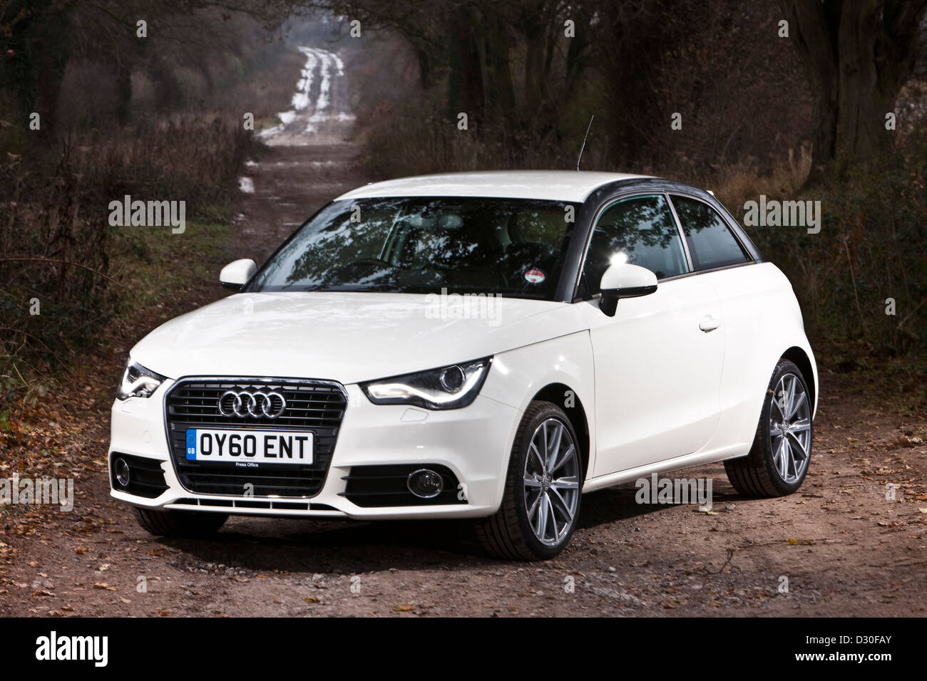 White Audi A1 parked on country road, Winchester, England, UK Stock Photo