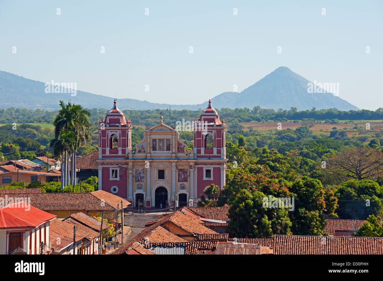 view of Igelsia el Calvario and volcanoes, Leon, Nicaragua, Central America Stock Photo