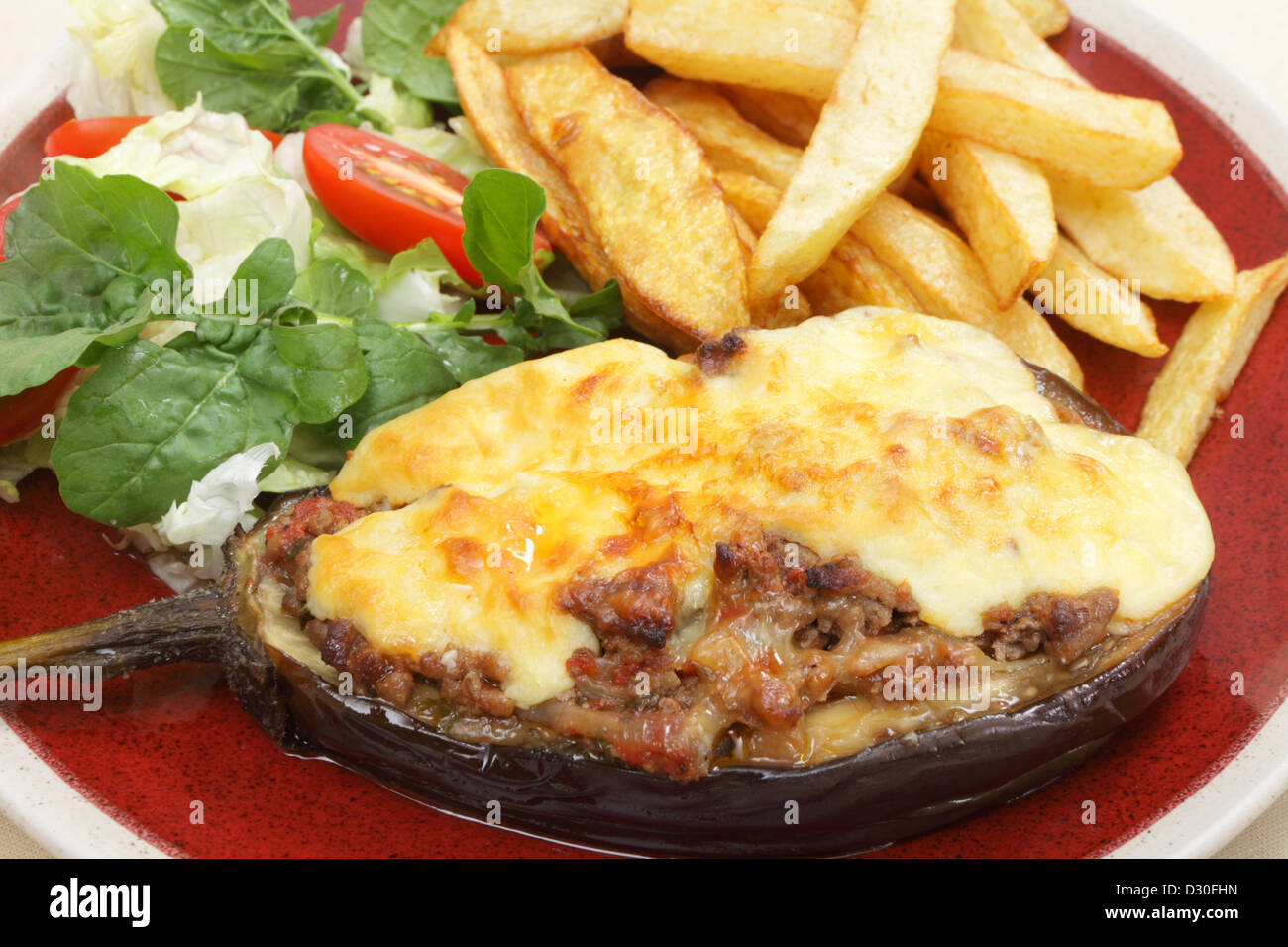 The Greek dish of aubergines stuffed with minced beef, onion and