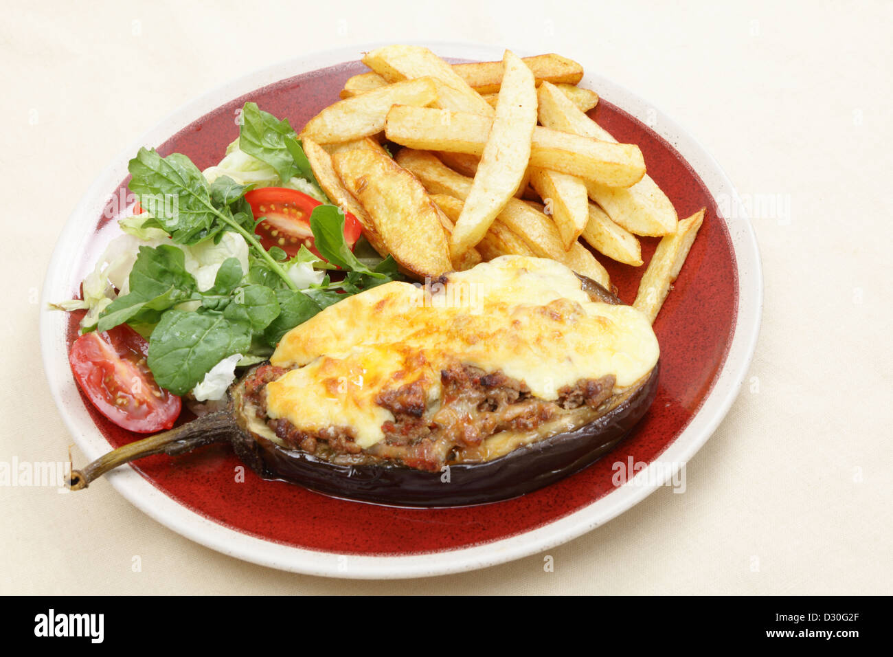 The Greek dish papoutsakia, aubergines stuffed with minced beef, onion