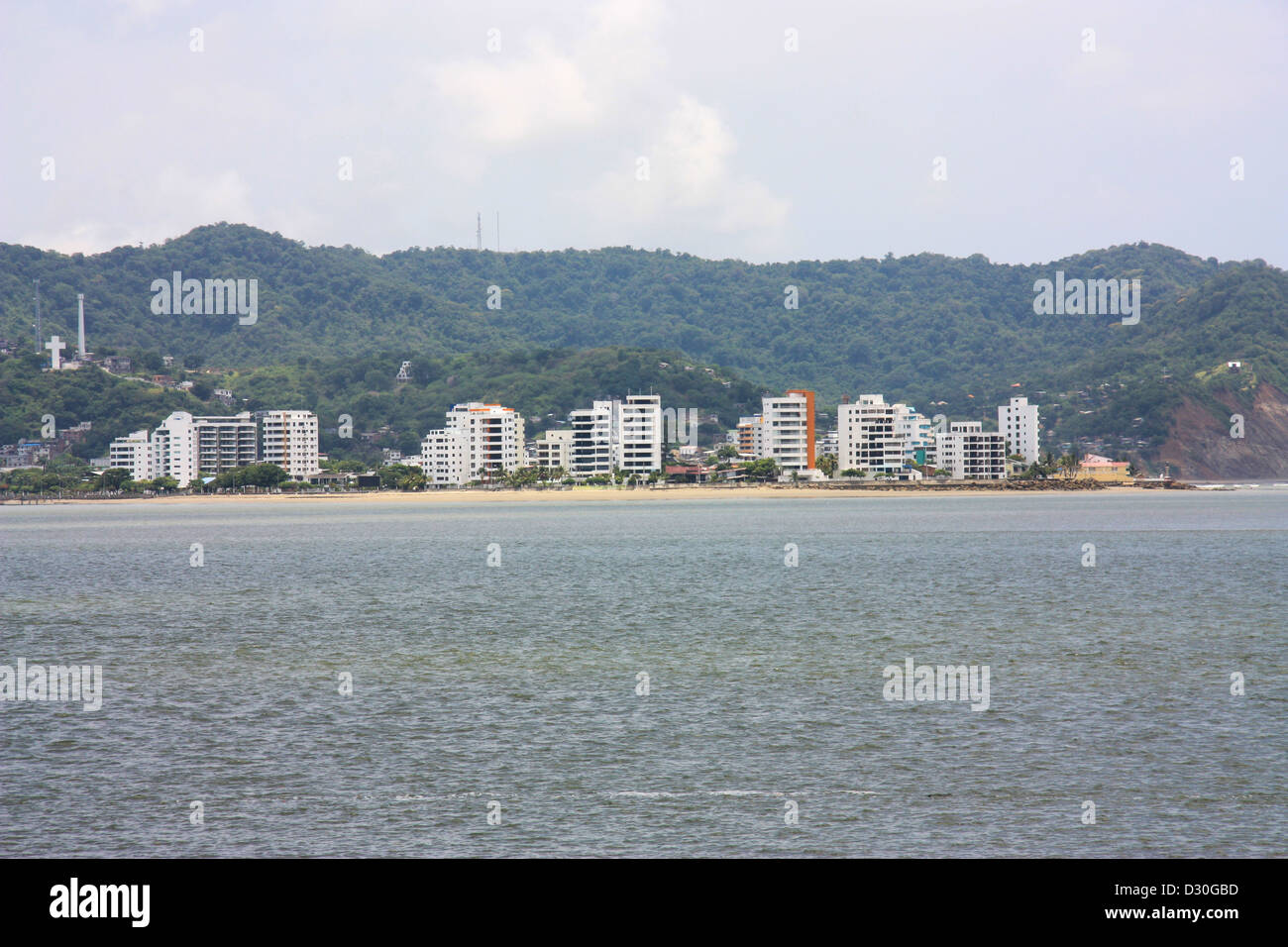 Buildings in Bahia, a small city in front of the ocean in Ecuador. Stock Photo