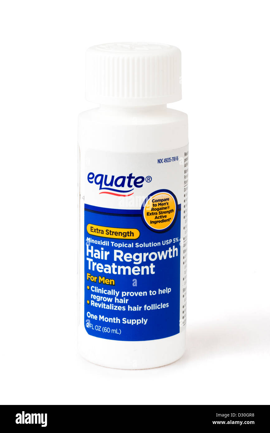 Walmart's Equate own brand Minoxidil topical hair regrowth treatment, equivalent to Rogaine/Regaine branded product Stock Photo