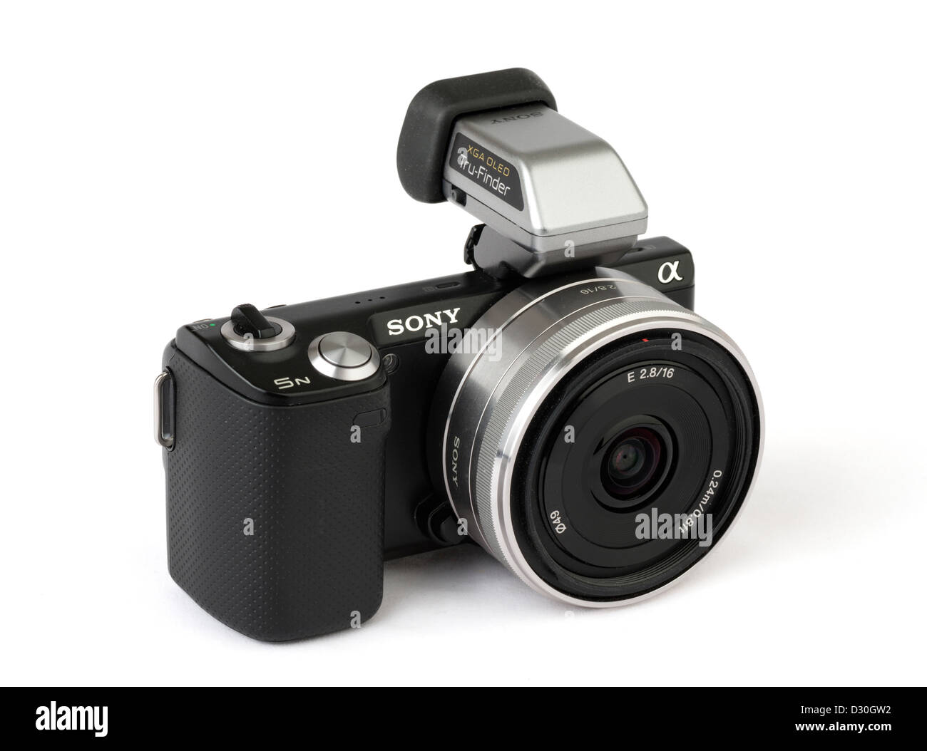 Sony Alpha Nex 5N interchangeable lens mirrorless compact camera with OLED electronic viewfinder and 16mm pancake lens Stock Photo