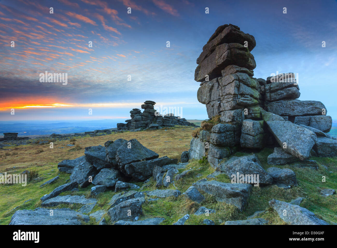 Great Staple Tor in the Dartmoor National Park, captured shortly before sunset on a winters afternoon. Stock Photo