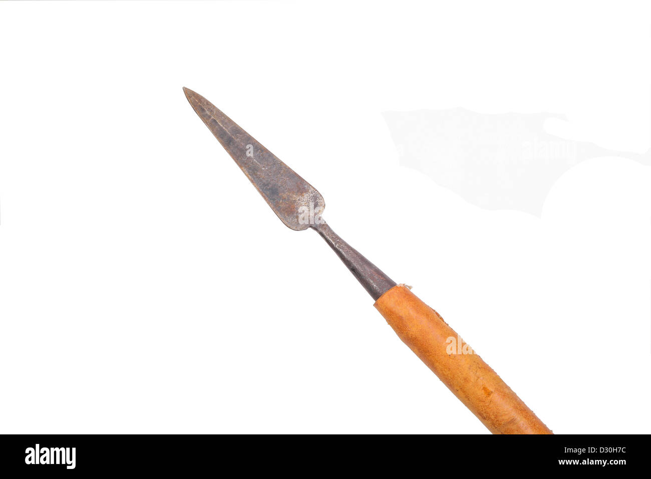 Simple iron medieval spear with leather bindings on white background Stock Photo