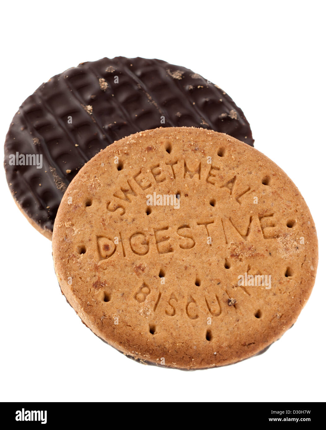 Two sweetmeal digestive biscuits half covered in dark chocolate Stock Photo