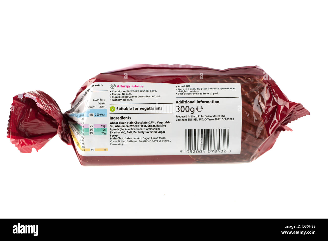 Ingredients on a packet of plain chocolate digestive biscuits from