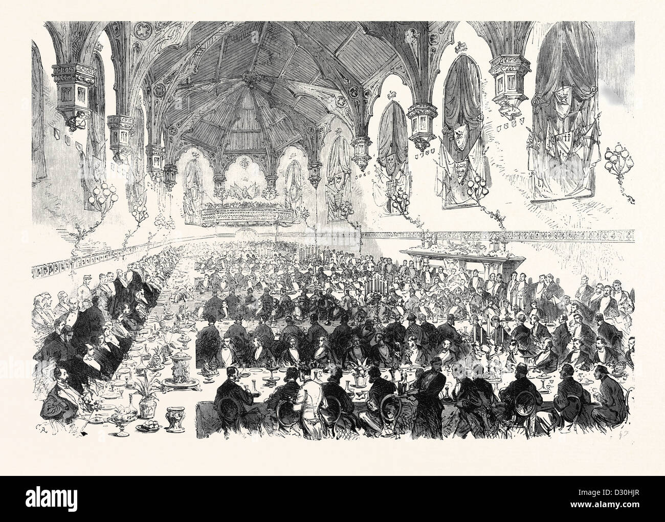 THE MAJORITY OF THE DUKE OF NORFOLK: DINNER IN THE BARONS' HALL ARUNDEL CASTLE 1869 Stock Photo