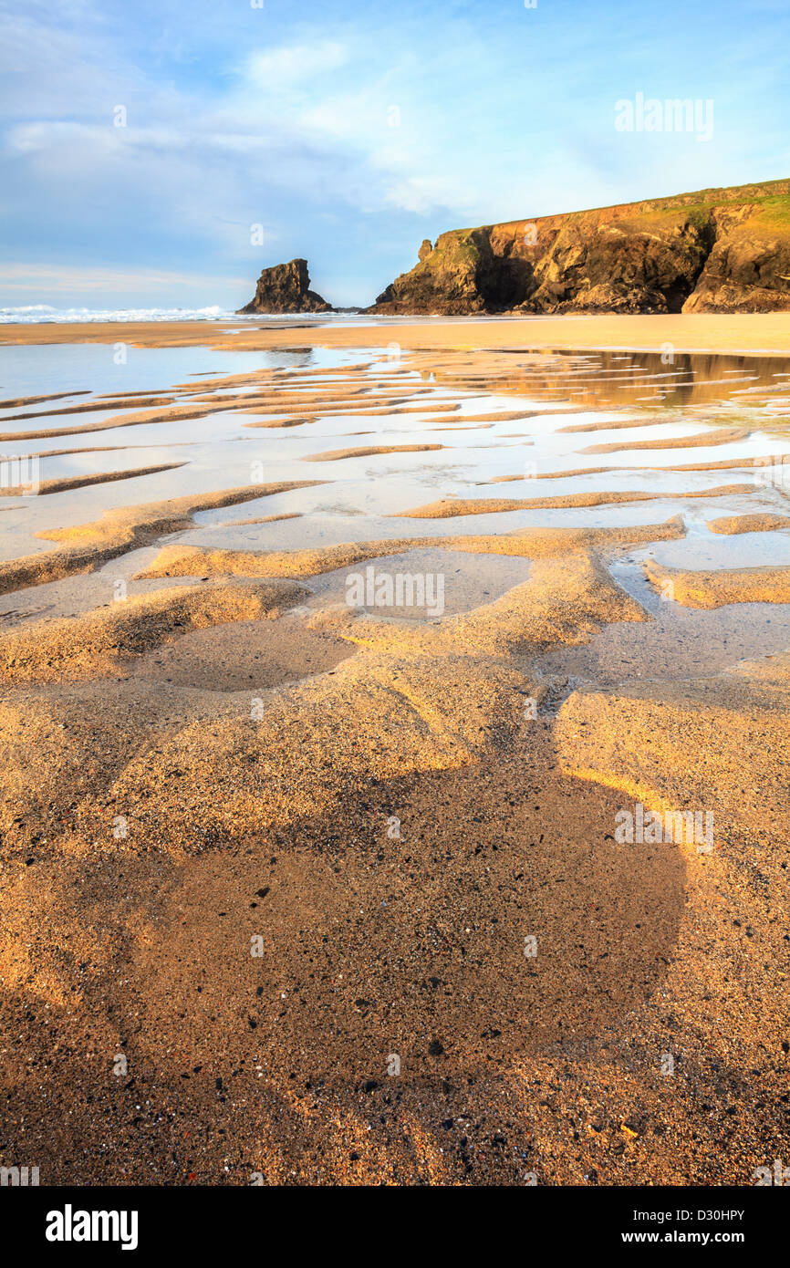 Sand patterns on the beach at Porthcothan in north Cornwall Stock Photo