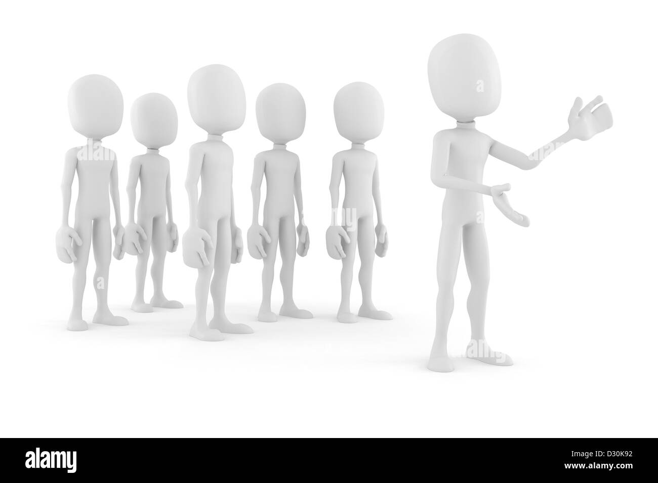 3d man leader in front of a crowd of 3d men gesturing to imaginary