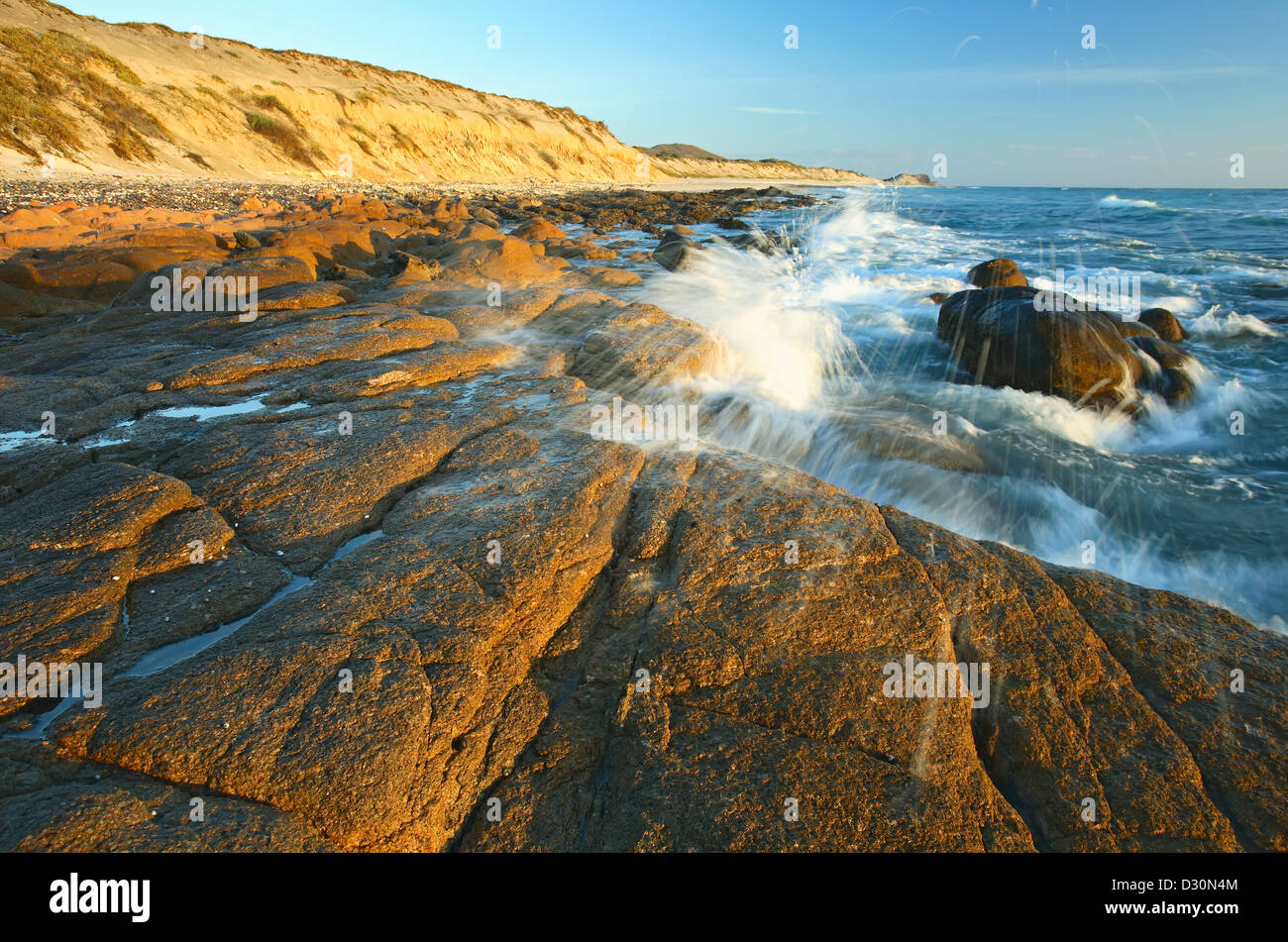 Waves crashing on rocks, Cabo Pulmo (on Sea of Cortez), Baja California Sur, Mexico Stock Photo