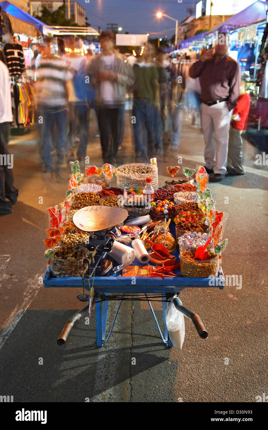 Candy cart and crowd, Christmas Market, La Paz, Baja California Sur, Mexico Stock Photo
